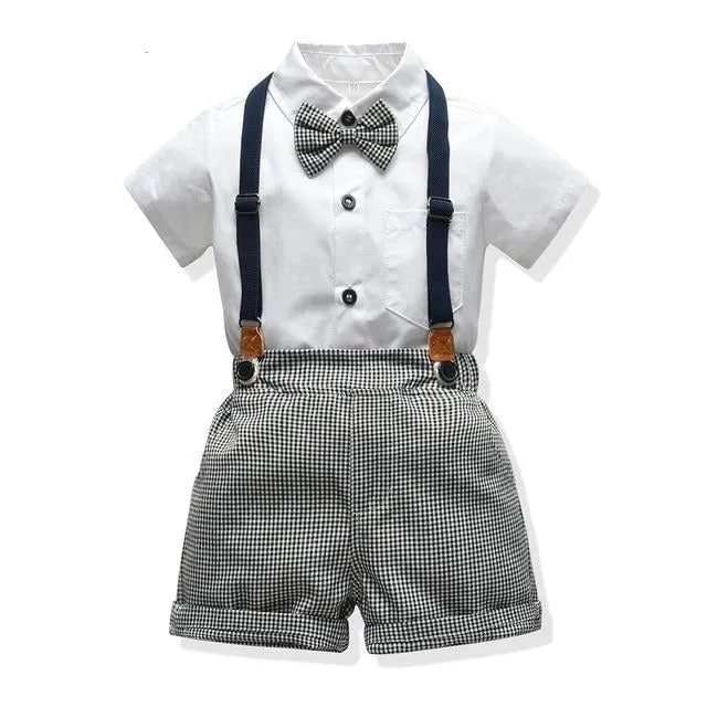 Boys 4PCS Gentleman Bowtie Formal Short Sleeve Overall Set With Suspender
