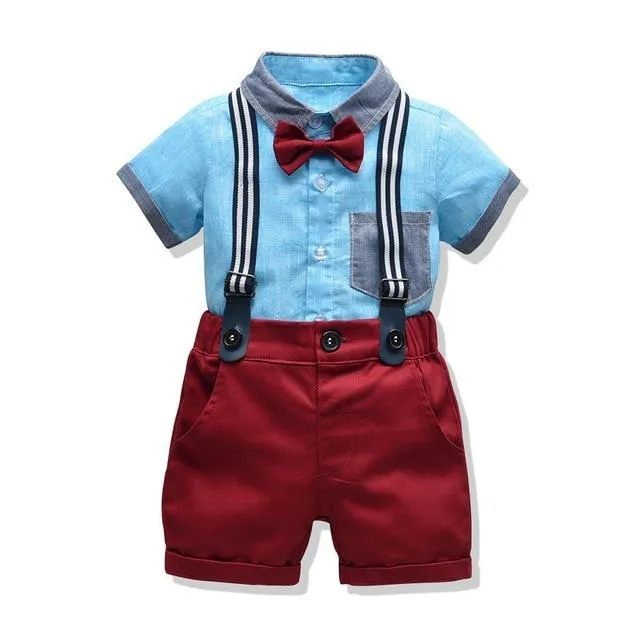 Boys 4PCS Gentleman Bowtie Formal Short Sleeve Overall Set With Suspender