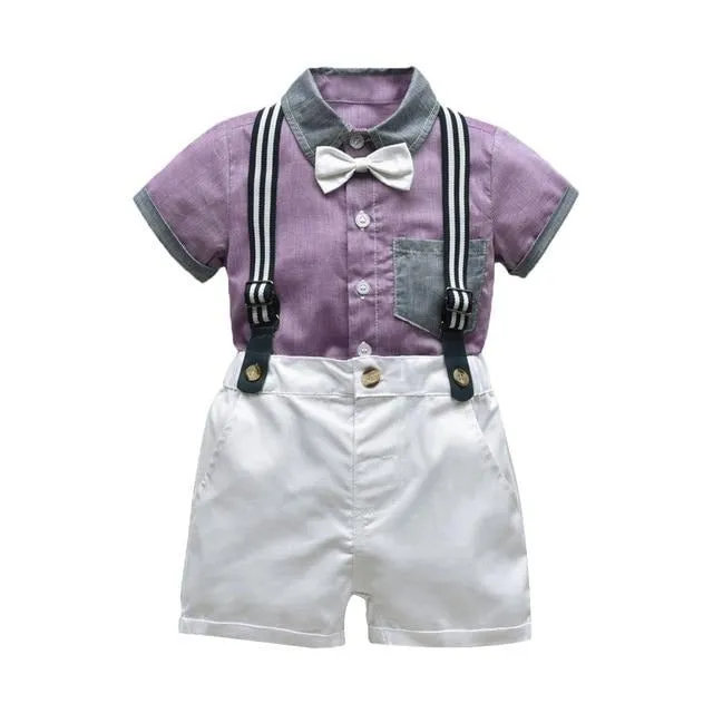 Boys 4PCS Gentleman Bowtie Formal Short Sleeve Overall Set With Suspender