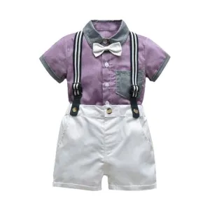 Boys 4PCS Gentleman Bowtie Formal Short Sleeve Overall Set With Suspender