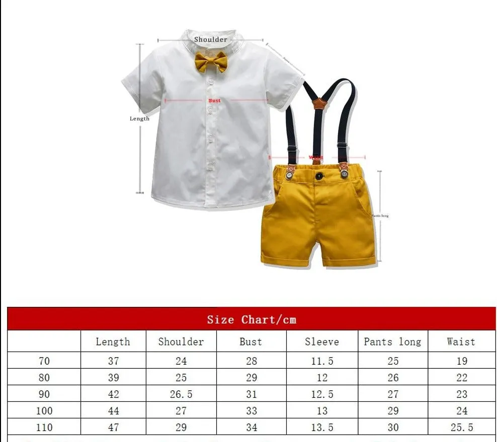 Boys 4PCS Gentleman Bowtie Formal Short Sleeve Overall Set With Suspender