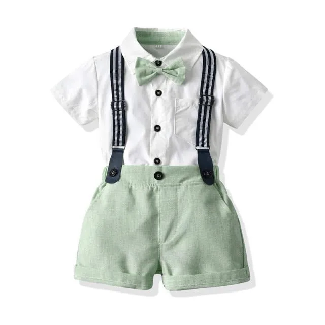 Boys 4PCS Gentleman Bowtie Formal Short Sleeve Overall Set With Suspender