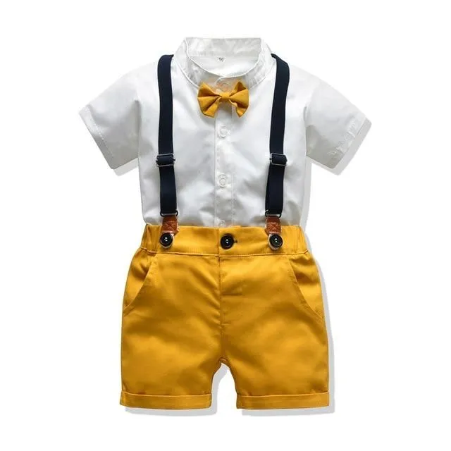 Boys 4PCS Gentleman Bowtie Formal Short Sleeve Overall Set With Suspender
