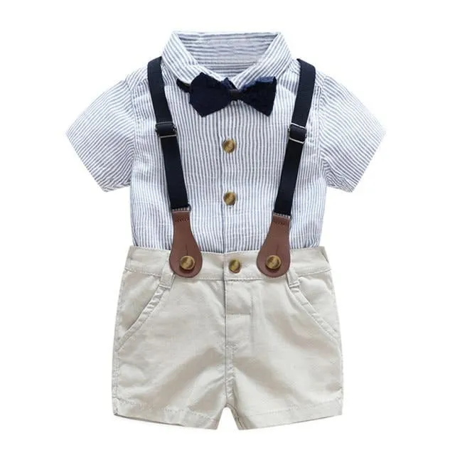 Boys 4PCS Gentleman Bowtie Formal Short Sleeve Overall Set With Suspender