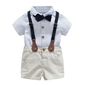 Boys 4PCS Gentleman Bowtie Formal Short Sleeve Overall Set With Suspender