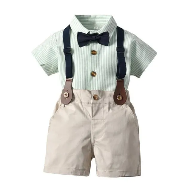 Boys 4PCS Gentleman Bowtie Formal Short Sleeve Overall Set With Suspender