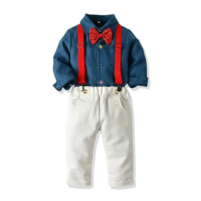 Boys Clothing Set Formal Shirt Top and Suspender Pants 4PCS