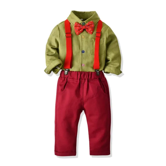 Boys Clothing Set Formal Shirt Top and Suspender Pants 4PCS