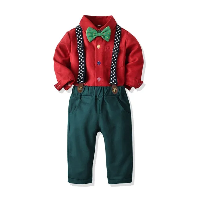 Boys Clothing Set Formal Shirt Top and Suspender Pants 4PCS