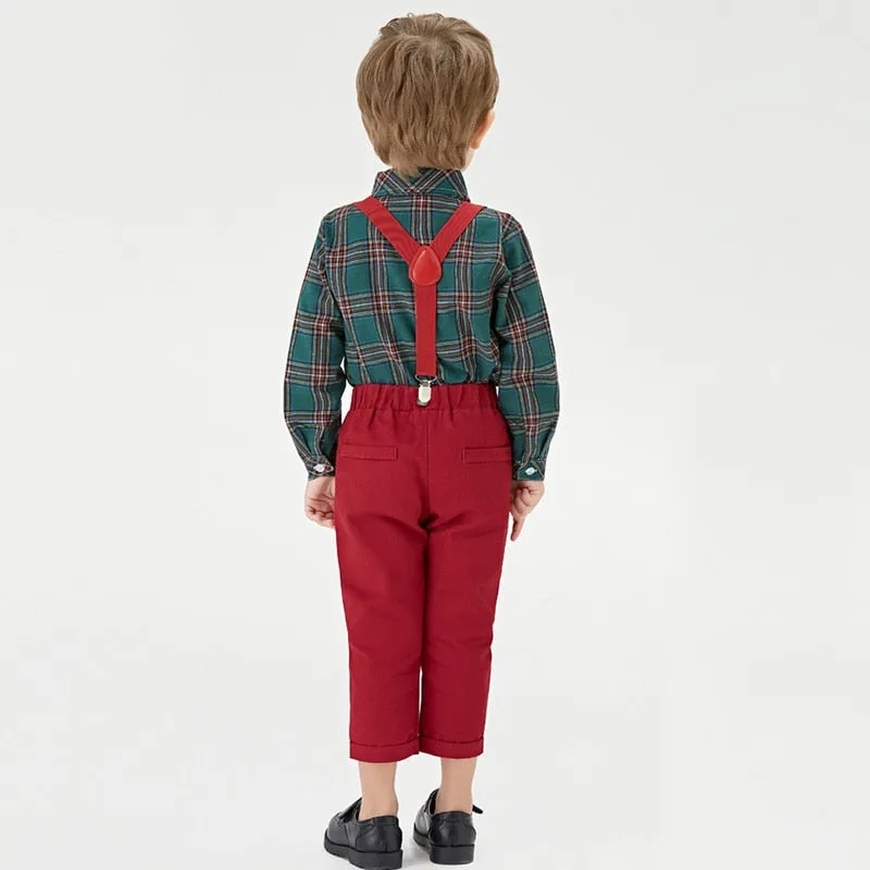 Boys Clothing Set Formal Shirt Top and Suspender Pants 4PCS