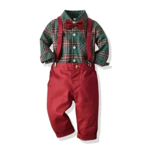 Boys Clothing Set Formal Shirt Top and Suspender Pants 4PCS