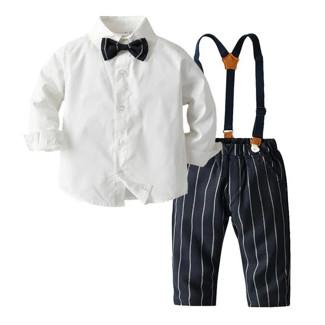 Boys Gentleman Sets Long Sleeve Romper With Suspenders Pants 4Pcs