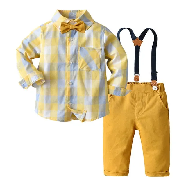 Boys Gentleman Sets Long Sleeve Romper With Suspenders Pants 4Pcs
