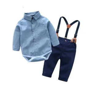 Boys Gentleman Sets Long Sleeve Romper With Suspenders Pants 4Pcs