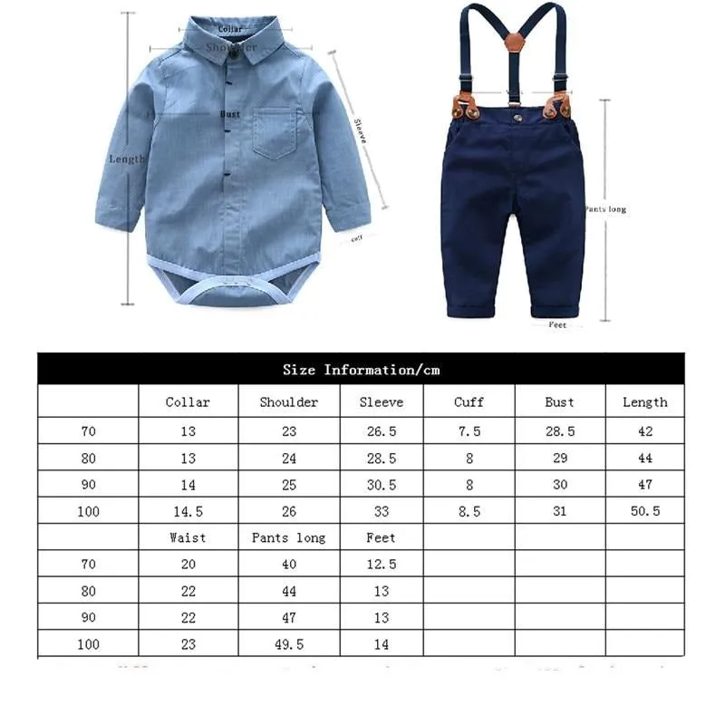 Boys Gentleman Sets Long Sleeve Romper With Suspenders Pants 4Pcs