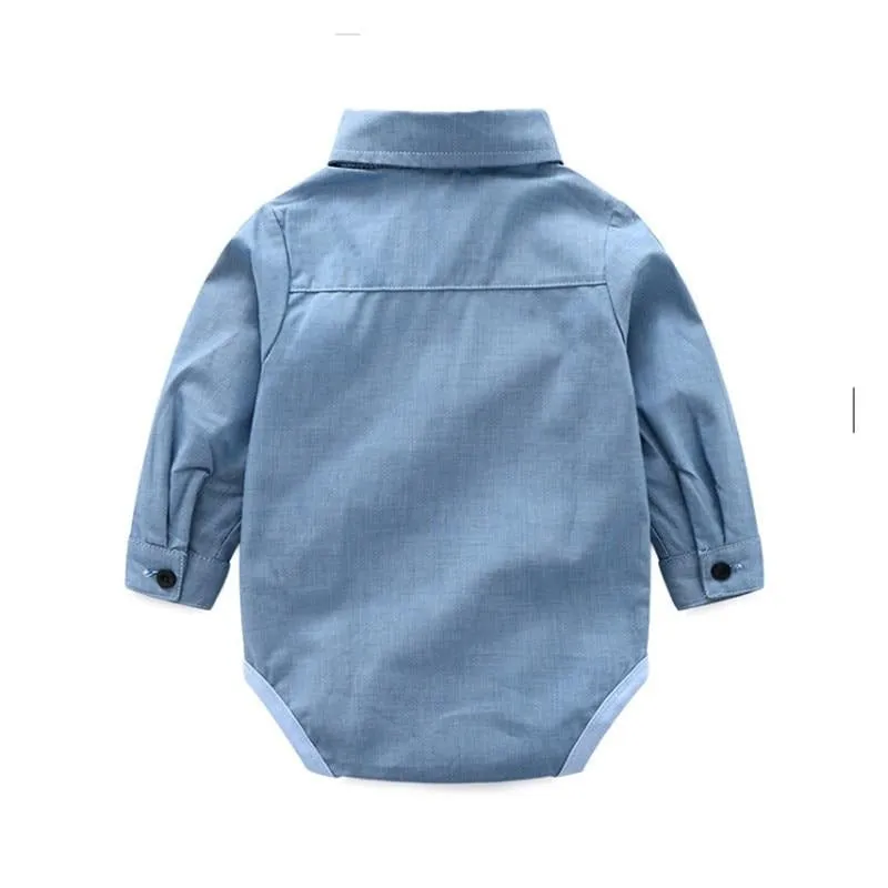 Boys Gentleman Sets Long Sleeve Romper With Suspenders Pants 4Pcs