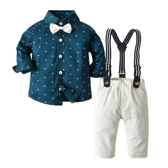 Boys Gentleman Sets Long Sleeve Romper With Suspenders Pants 4Pcs