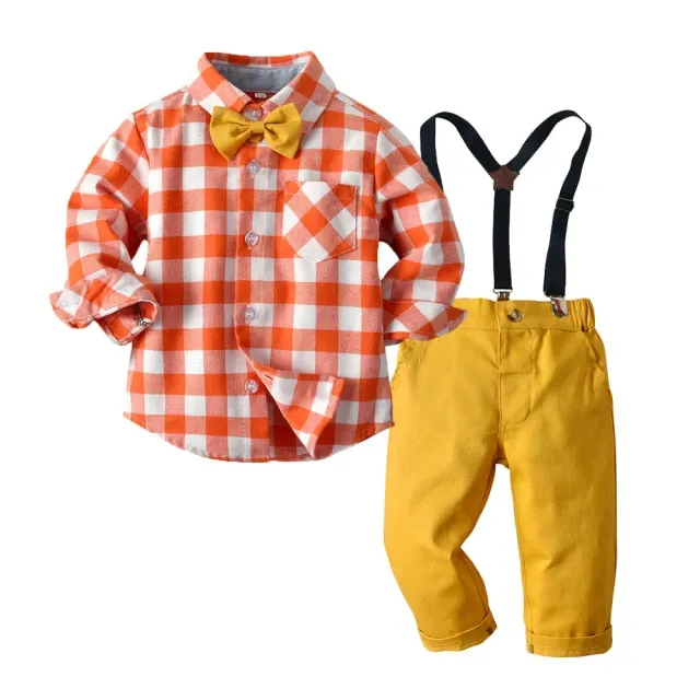 Boys Gentleman Sets Long Sleeve Romper With Suspenders Pants 4Pcs