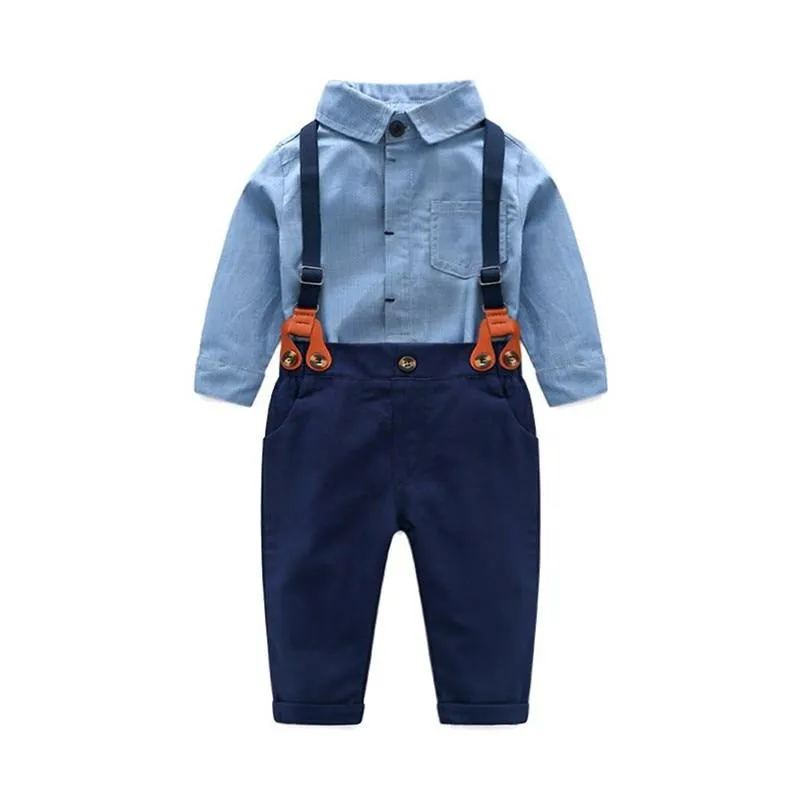 Boys Gentleman Sets Long Sleeve Romper With Suspenders Pants 4Pcs