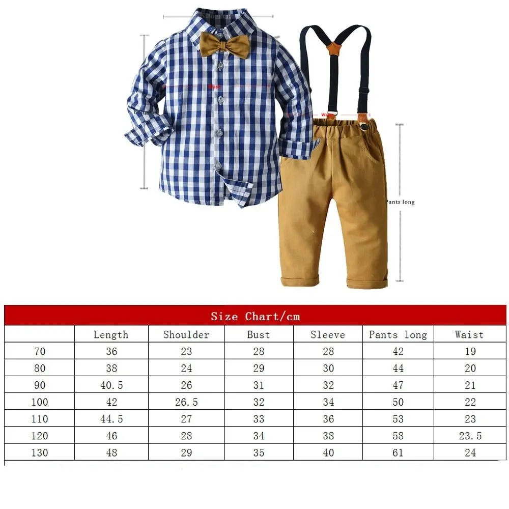 Boys Sets Long Sleeve Plaid Bowtie Top With Suspender Pants 4Pcs