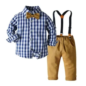 Boys Sets Long Sleeve Plaid Bowtie Top With Suspender Pants 4Pcs