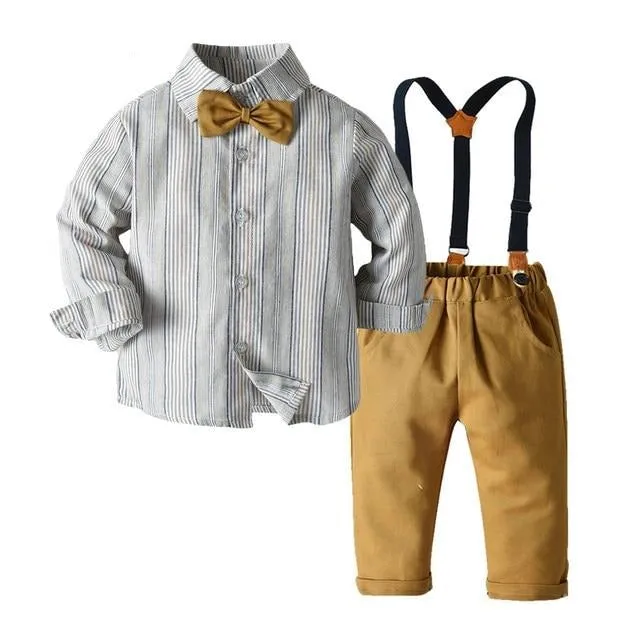 Boys Sets Long Sleeve Plaid Bowtie Top With Suspender Pants 4Pcs