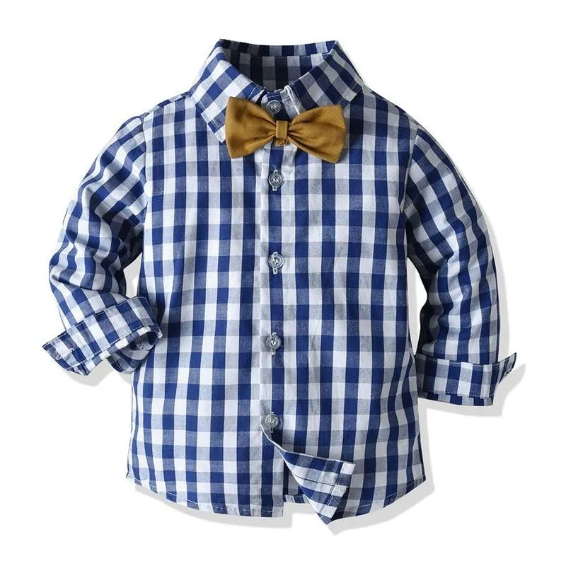 Boys Sets Long Sleeve Plaid Bowtie Top With Suspender Pants 4Pcs