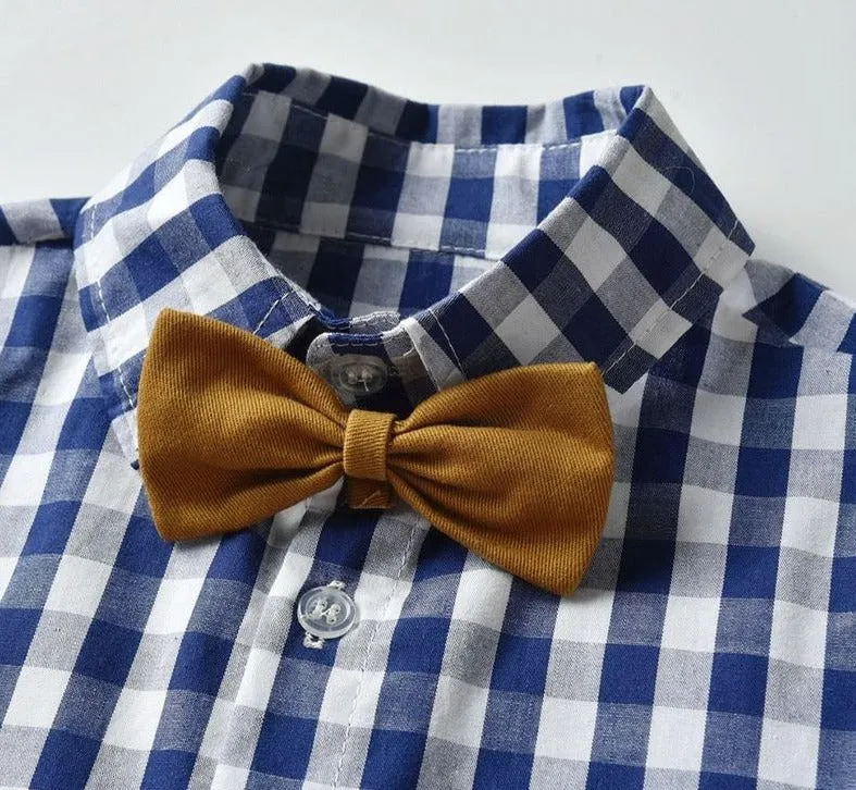 Boys Sets Long Sleeve Plaid Bowtie Top With Suspender Pants 4Pcs