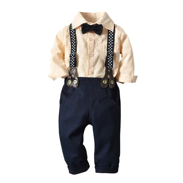 Boys Sets Long Sleeve Plaid Bowtie Top With Suspender Pants 4Pcs