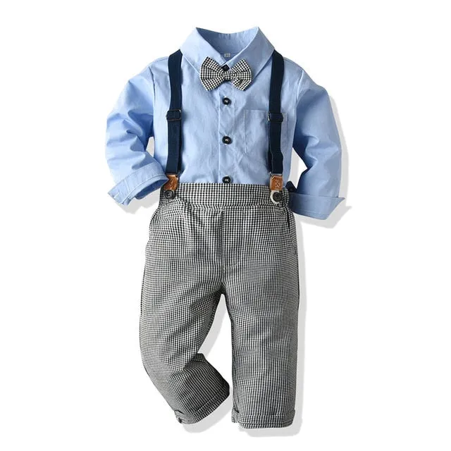 Boys Sets Long Sleeve Plaid Bowtie Top With Suspender Pants 4Pcs
