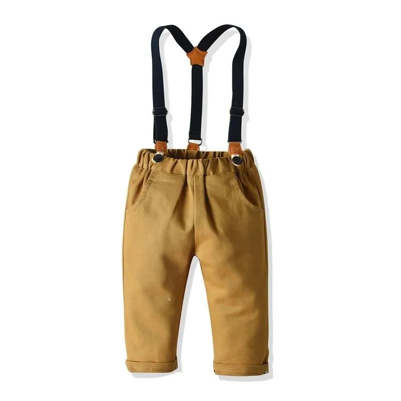 Boys Sets Long Sleeve Plaid Bowtie Top With Suspender Pants 4Pcs