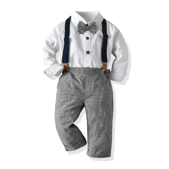 Boys Sets Long Sleeve Plaid Bowtie Top With Suspender Pants 4Pcs
