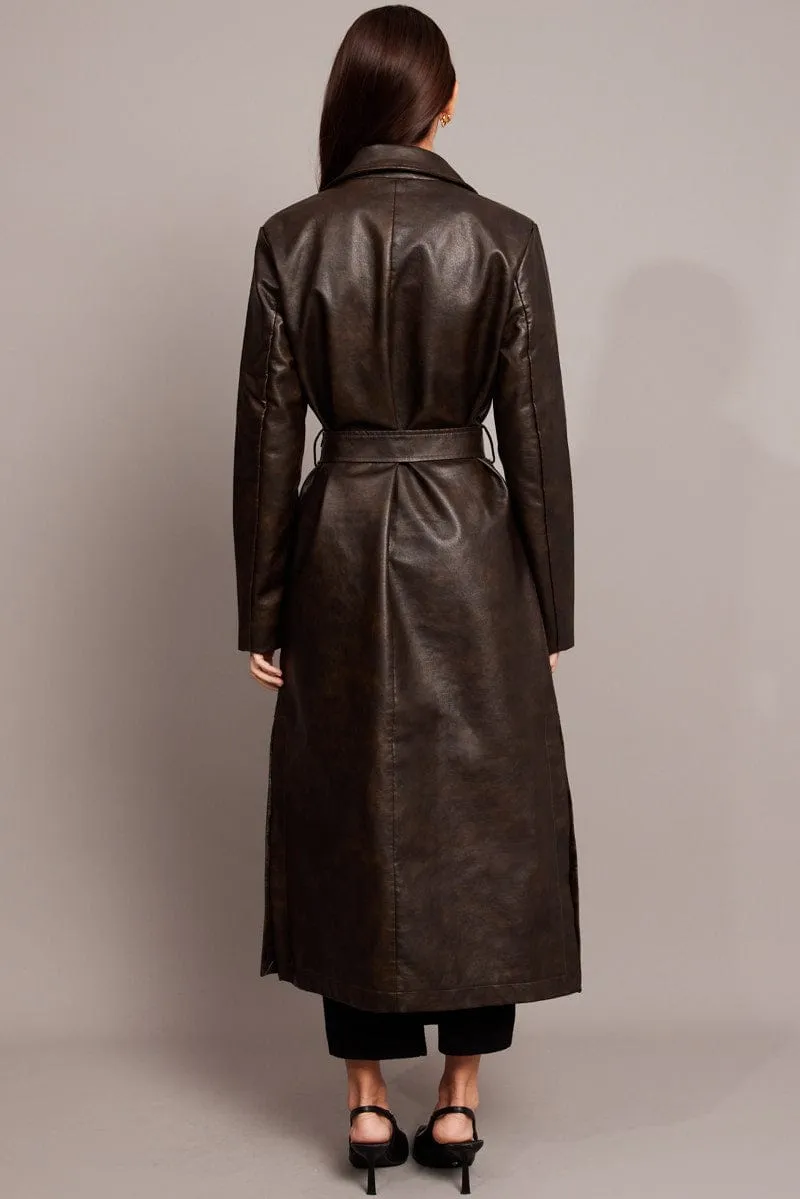 Brown Trench Coat Long Sleeves Faux Leather