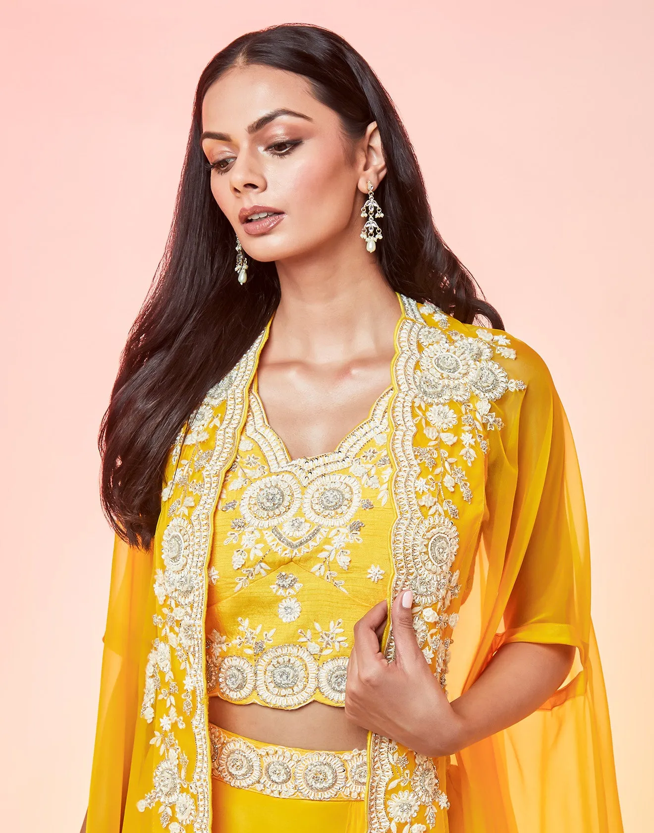 Canary Yellow Draped Fusion Set With Cape Sleeves And Embroidered In Ivory