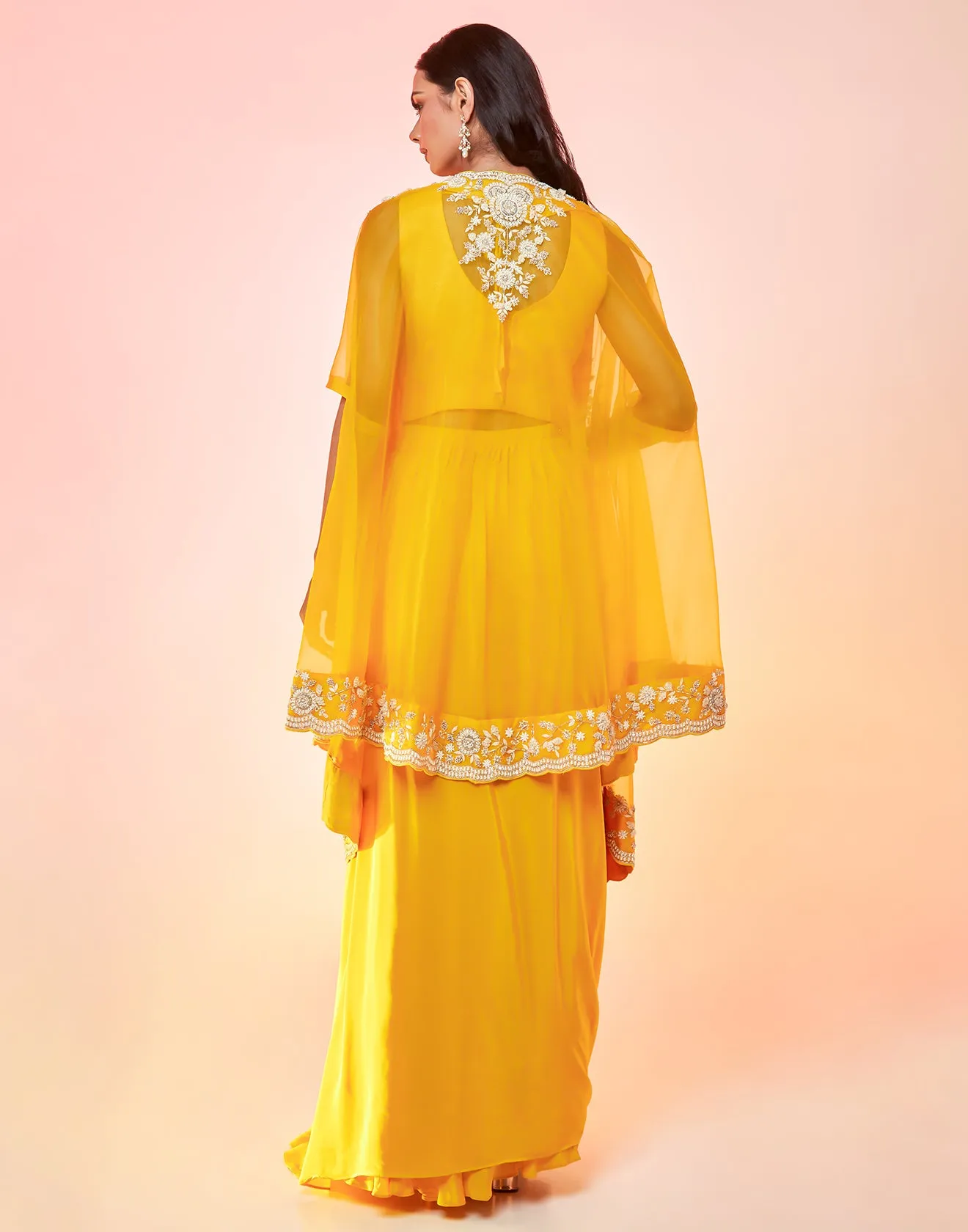 Canary Yellow Draped Fusion Set With Cape Sleeves And Embroidered In Ivory