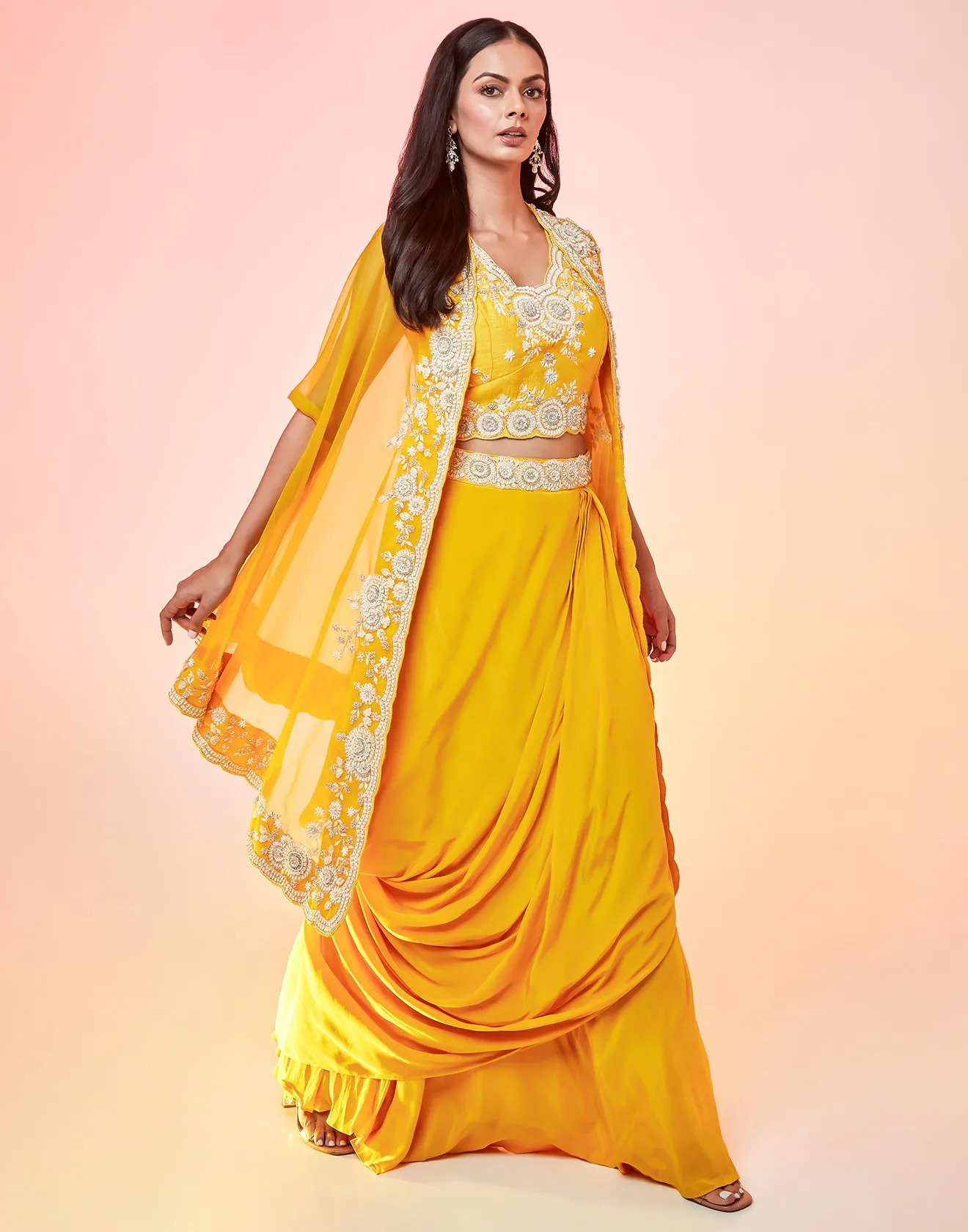 Canary Yellow Draped Fusion Set With Cape Sleeves And Embroidered In Ivory