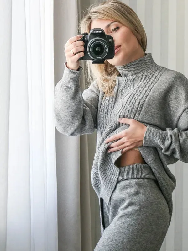 Cashmere Women Sweater Tracksuits Wide Leg Pant Suits