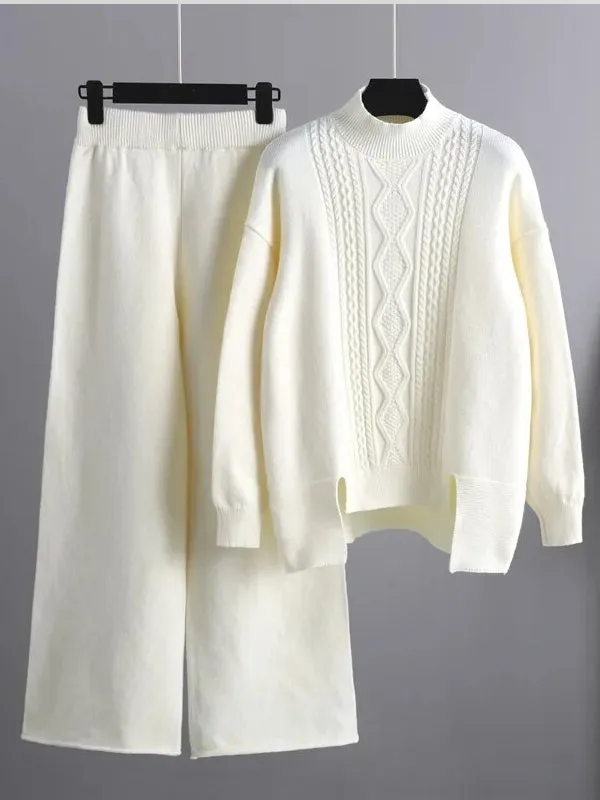 Cashmere Women Sweater Tracksuits Wide Leg Pant Suits