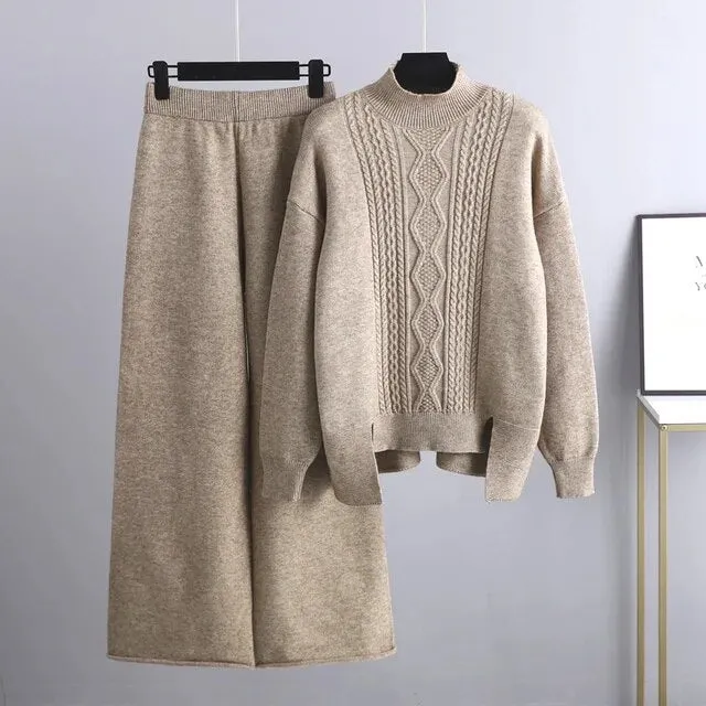 Cashmere Women Sweater Tracksuits Wide Leg Pant Suits