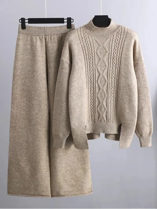 Cashmere Women Sweater Tracksuits Wide Leg Pant Suits
