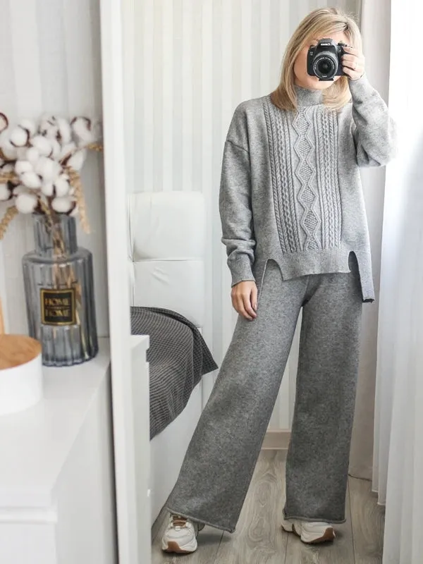 Cashmere Women Sweater Tracksuits Wide Leg Pant Suits
