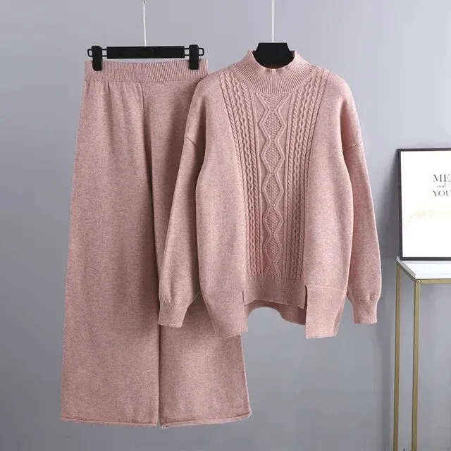 Cashmere Women Sweater Tracksuits Wide Leg Pant Suits