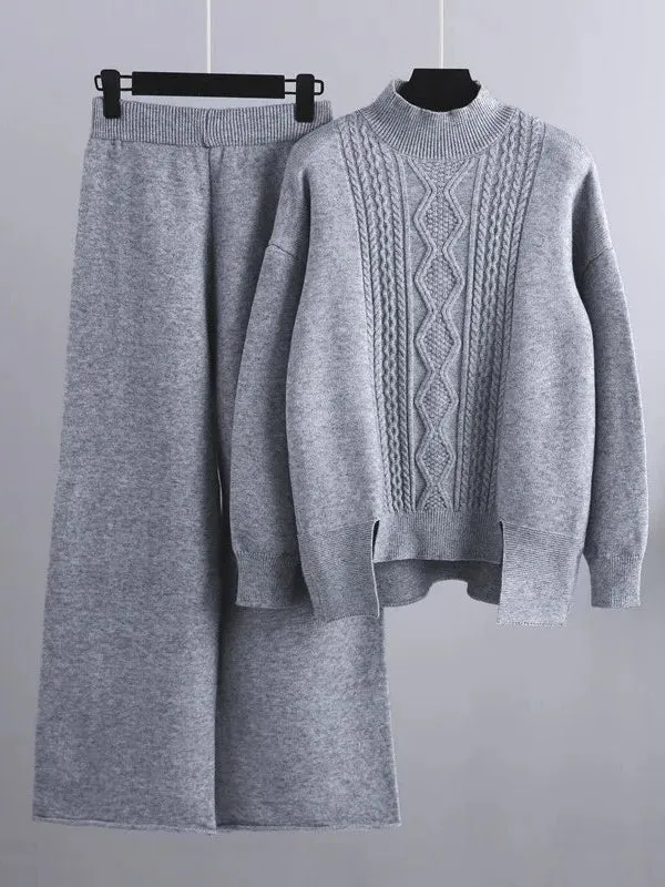 Cashmere Women Sweater Tracksuits Wide Leg Pant Suits