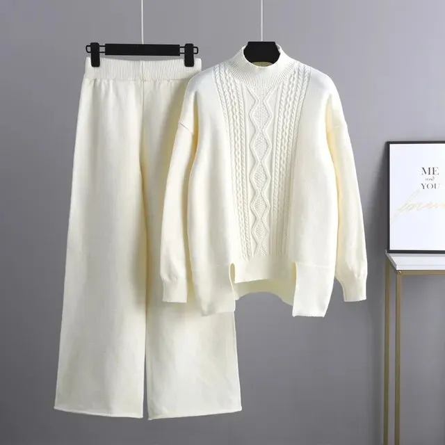Cashmere Women Sweater Tracksuits Wide Leg Pant Suits
