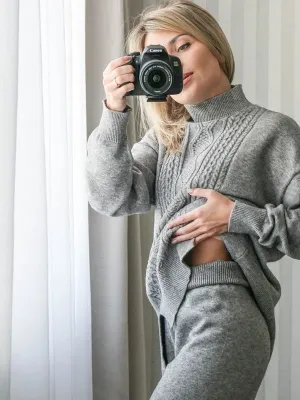 Cashmere Women Sweater Tracksuits Wide Leg Pant Suits