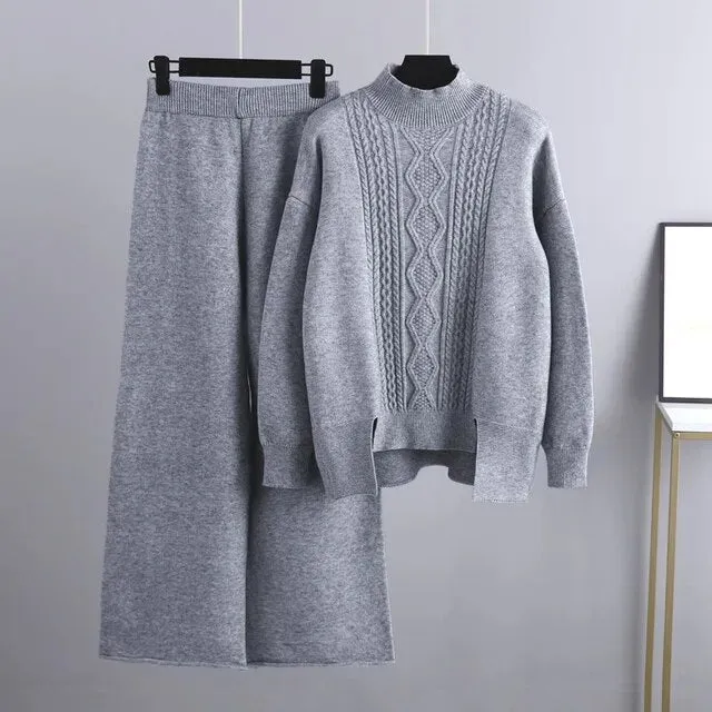 Cashmere Women Sweater Tracksuits Wide Leg Pant Suits