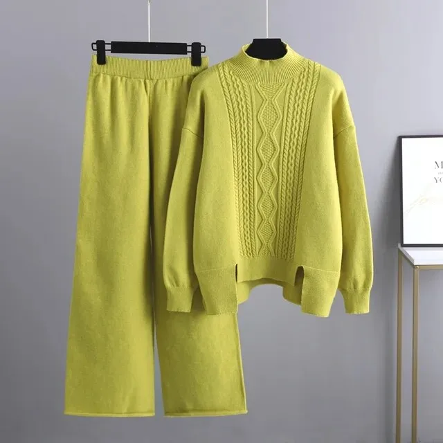 Cashmere Women Sweater Tracksuits Wide Leg Pant Suits