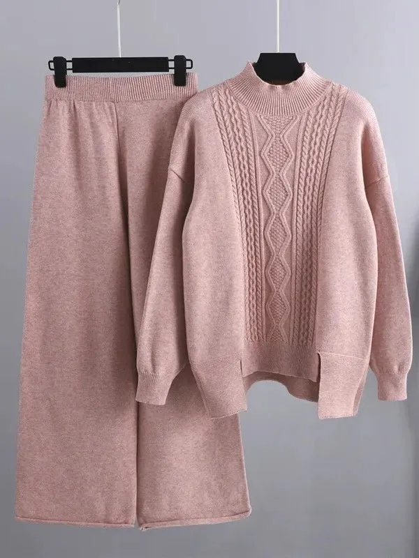 Cashmere Women Sweater Tracksuits Wide Leg Pant Suits