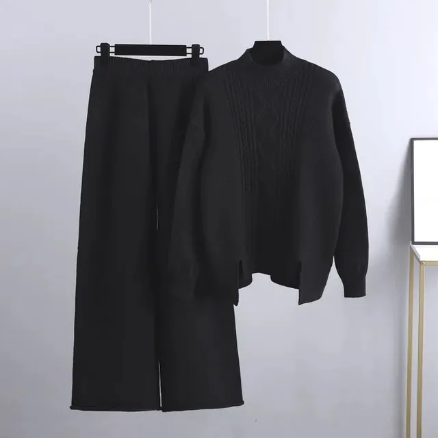Cashmere Women Sweater Tracksuits Wide Leg Pant Suits