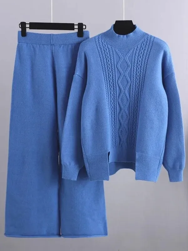 Cashmere Women Sweater Tracksuits Wide Leg Pant Suits